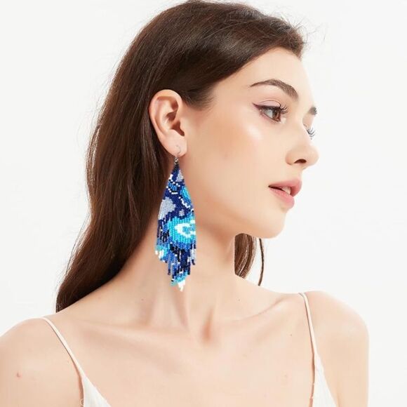 Abstract Bohemian Seed Bead Tassel Dangling Statement French Wire Hook Earrings - Picture 6 of 10